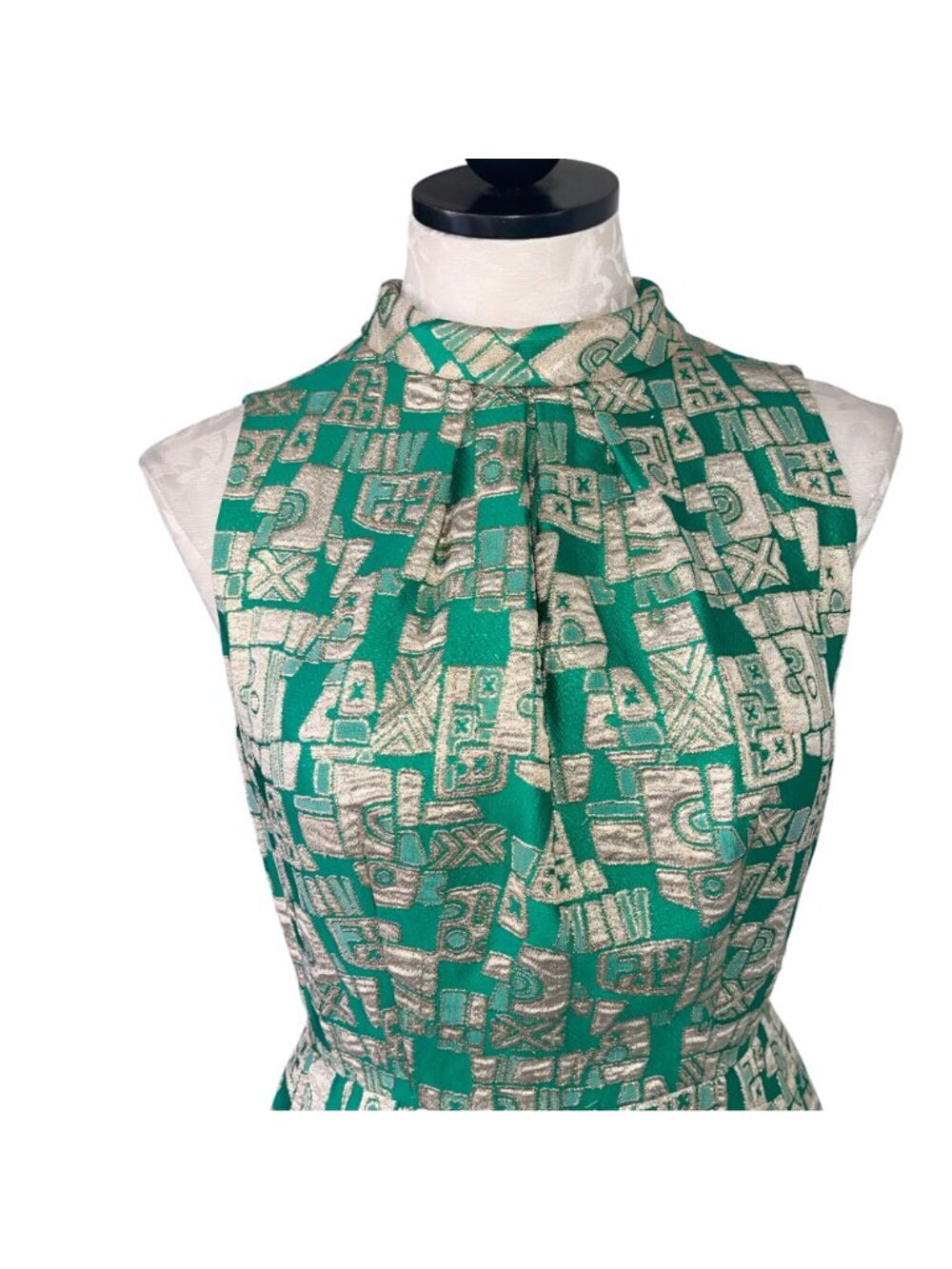 Vintage Womens Pleated Maxi Dress Size Small Green Gold Geometric Print Casual - Picture 8 of 16